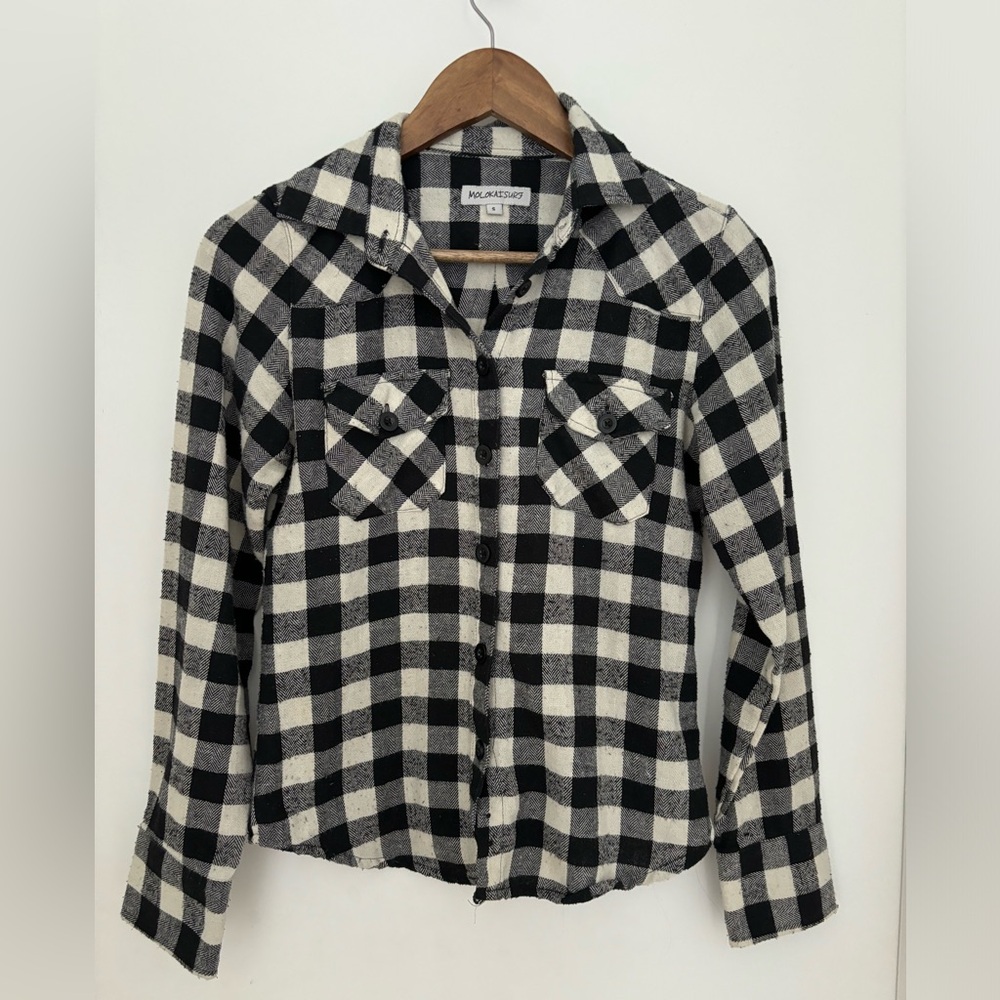 Molokai Surf White and Black Plaid Flannel Shirt | Size S
